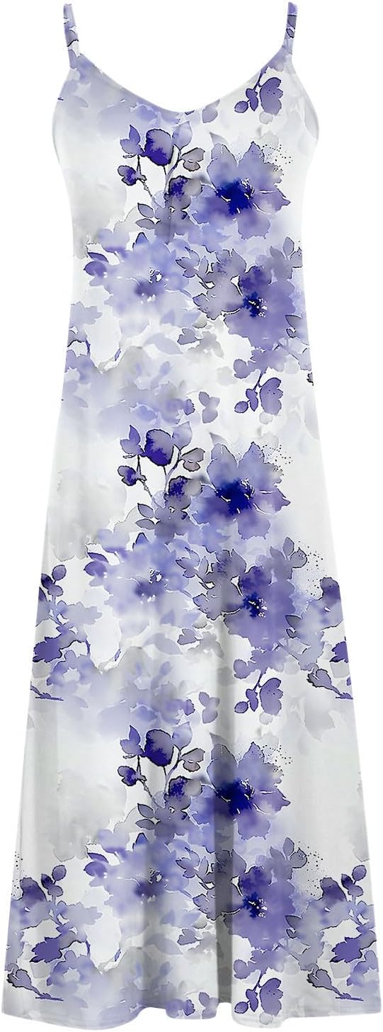 Womens Floral Maxi Dresses Spaghetti Strap Casual Summer Long Dress Vneck Flowy Boho Beach Sundress Vacation Outfits