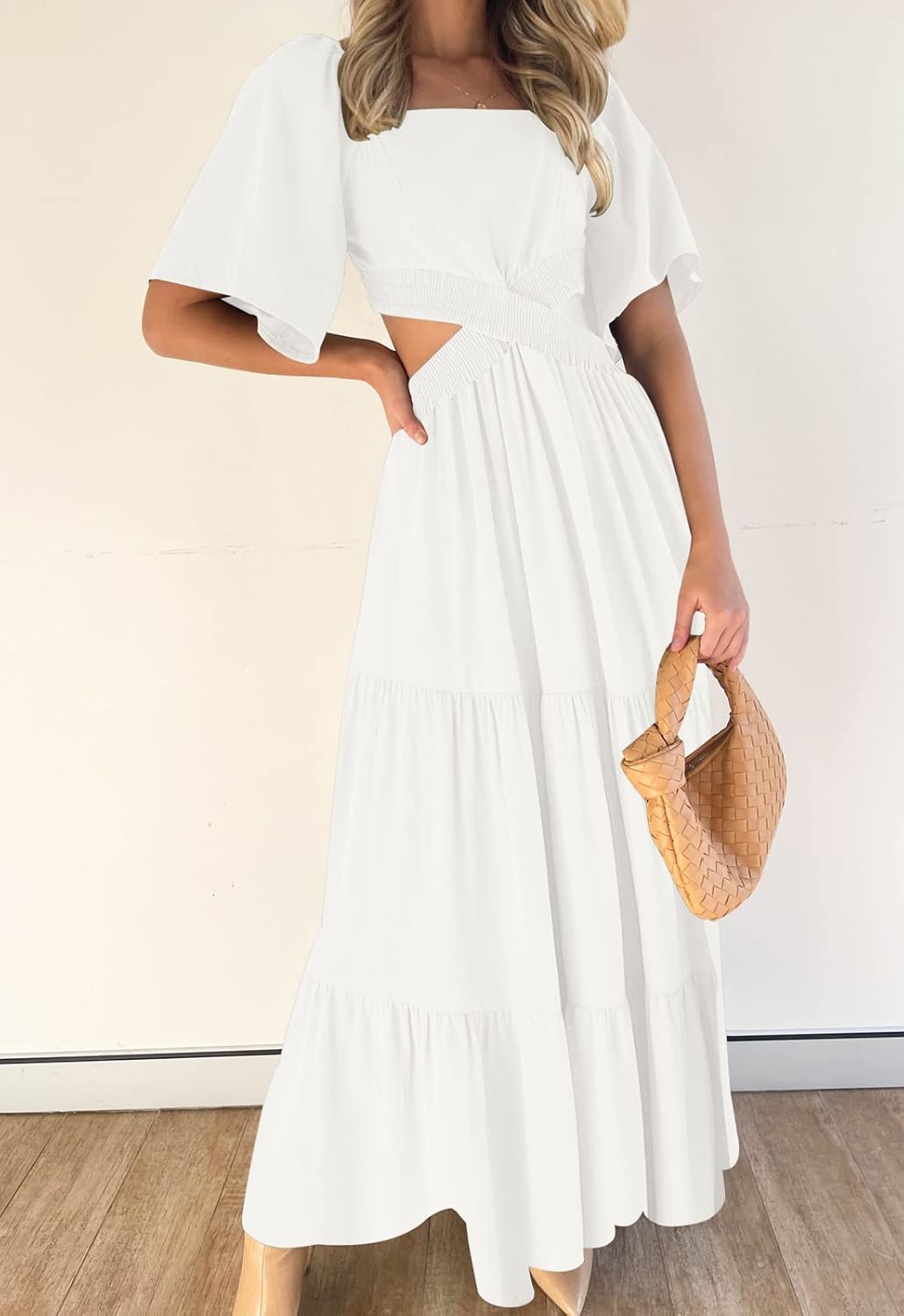 LEANI Women's 2025 Summer Cutout Maxi Dress Square Neck Short Sleeve Crossover Waist Casual Party Dresses