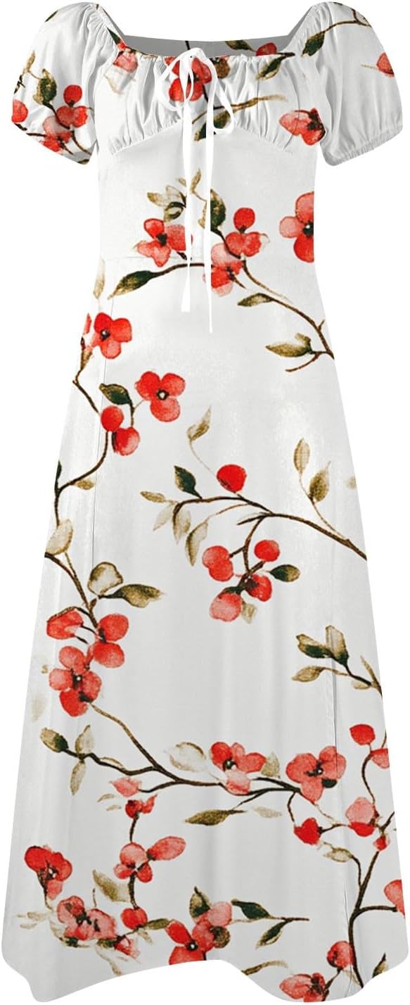 Women's Sundresses 2025 Summer Casual Loose Trendy Bubble Sleeve Square Neck Split Bow Floral Print Dress Plus Size, XS-3XL