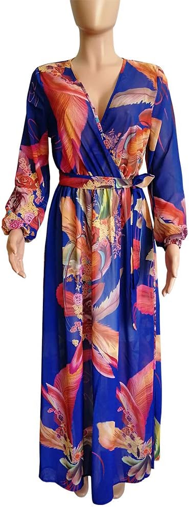 Nuofengkudu Womens Chiffon Deep V-Neck Stripe Printed Maxi Dress Unique Loose Summer Boho Dresses High Waiste(S-5XL)
