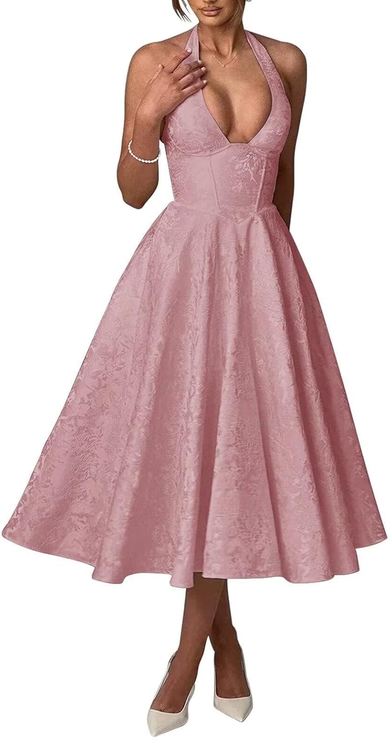 Bow Tea Length Prom Dress for Women Embroidery Satin Evening Party Gown A Line Corset Cocktail Dress
