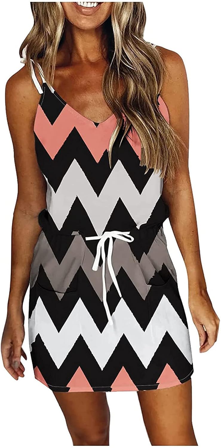 Women Summer Casual Striped Dress Drawstring Waist Tie Knot Mini Dresses Short Sleeve V Neck Tank Dress with Pocket