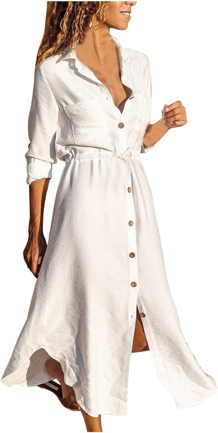 Women's Maxi Shirt Dresses Solid Cotton Linen Button Lapel Long Sleeves Summer Irregular Hem Daily Casual Sundress