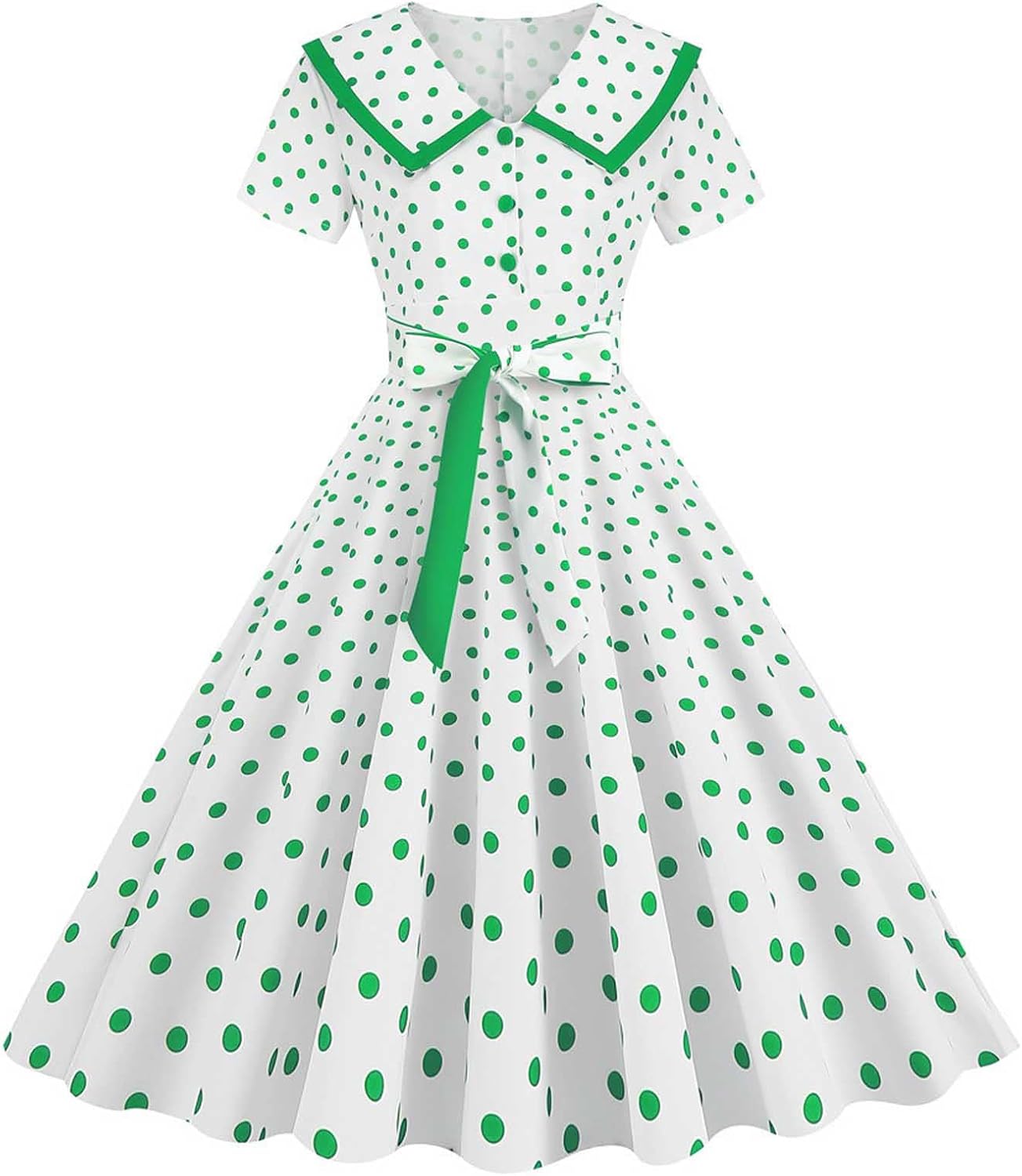 Women's Lapel Rockabilly Dress Cute Polka Dot Print Audrey Dress Button Down Vintage Cocktail Dress 1950s Fairy Dress
