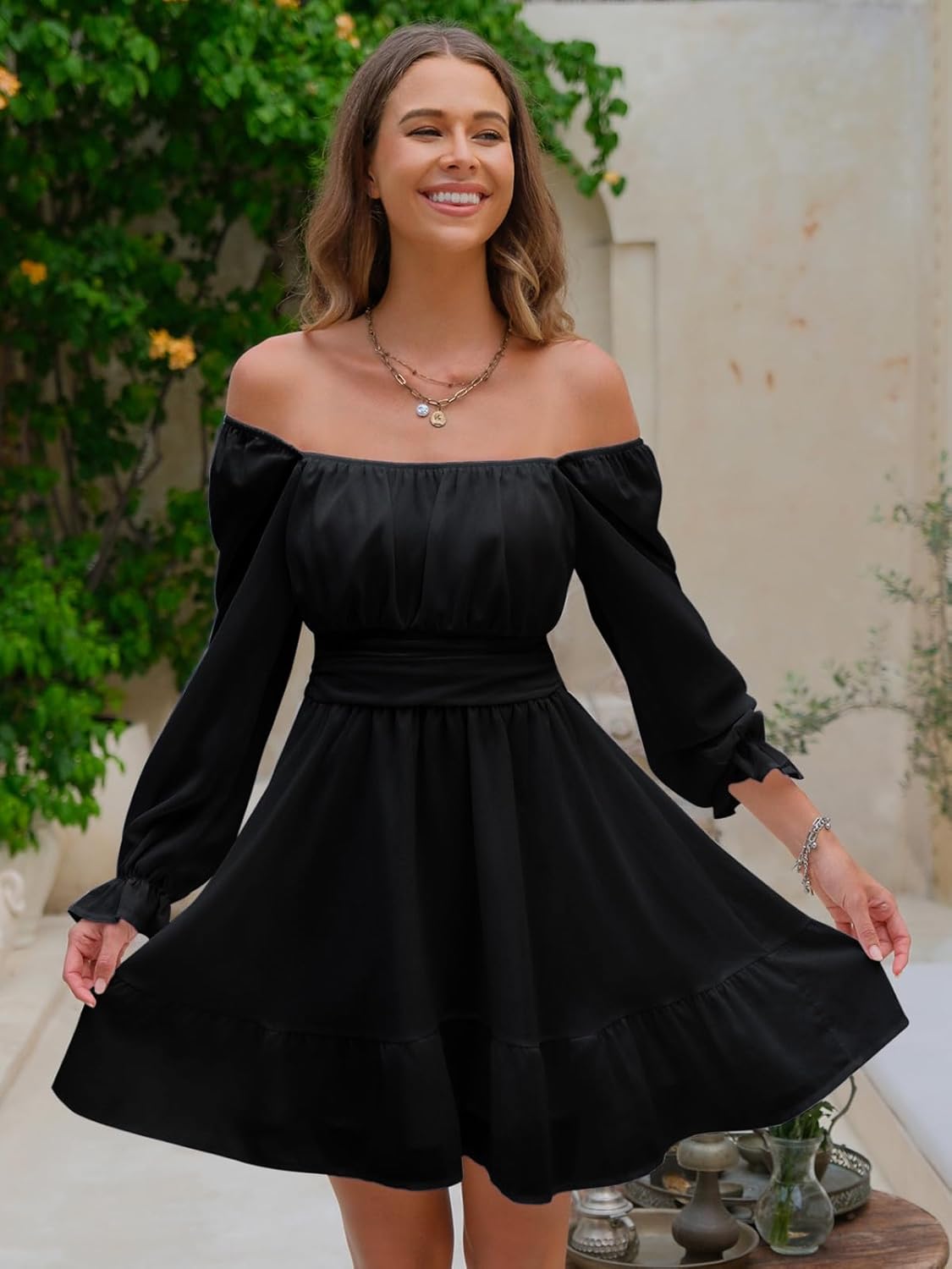 EXLURA Women's 2025 Casual Long Lantern Sleeve Dresses Square Neck Ruffle Tie Back Elastic Waist Aline Short Mini Dress