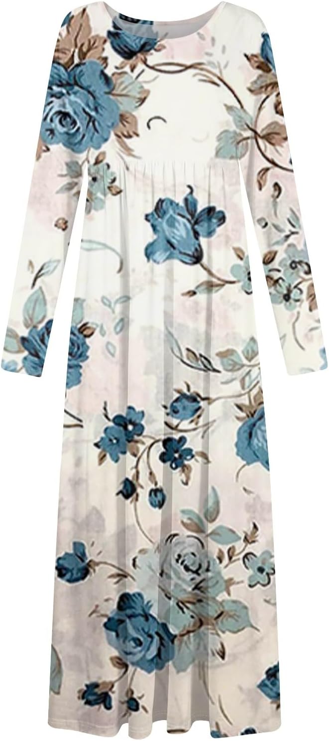 Long Sleeve Maxi Dress for Women Elegant Crew Neck Flowy Swing Dresses Solid Color Wedding Guest Dresses