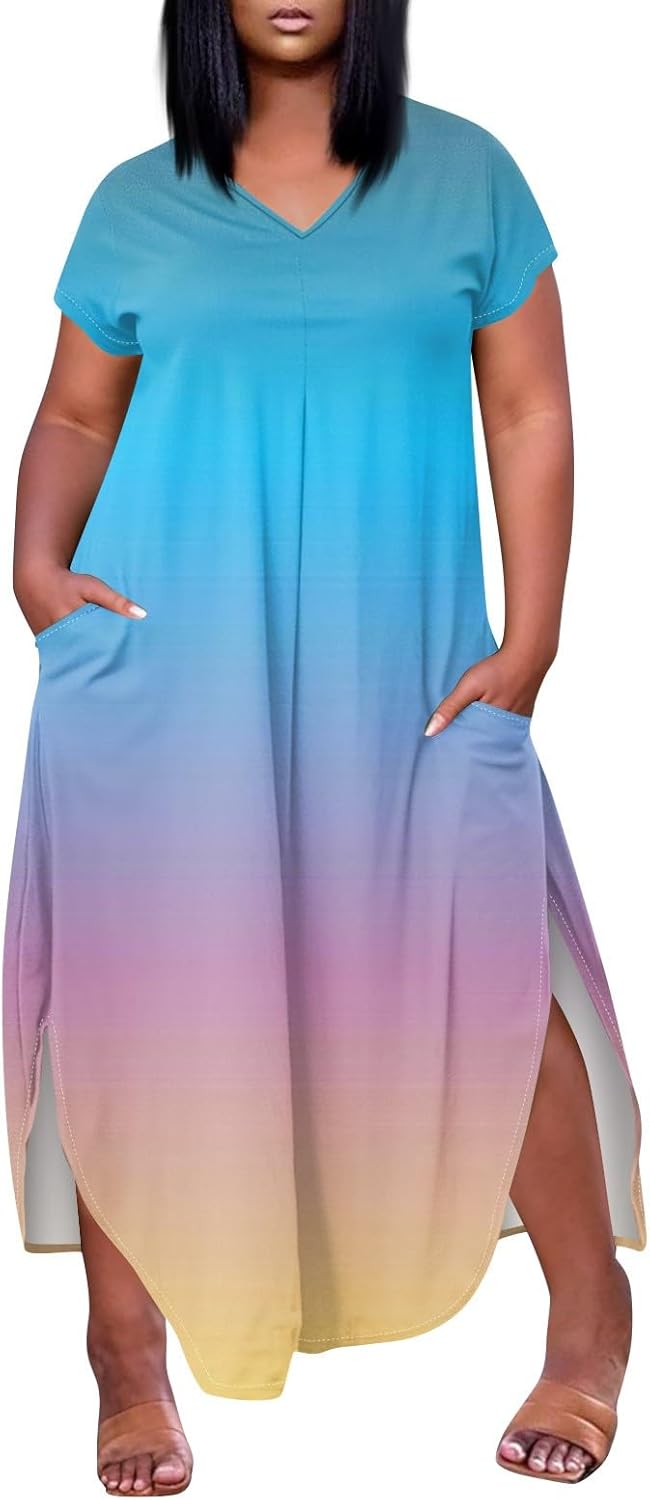 Maxi Dresses for Women 2025 Plus Size Tie Dye V Neck Dress Short Sleeve Side Split Beach Summer Sundress with Pocket