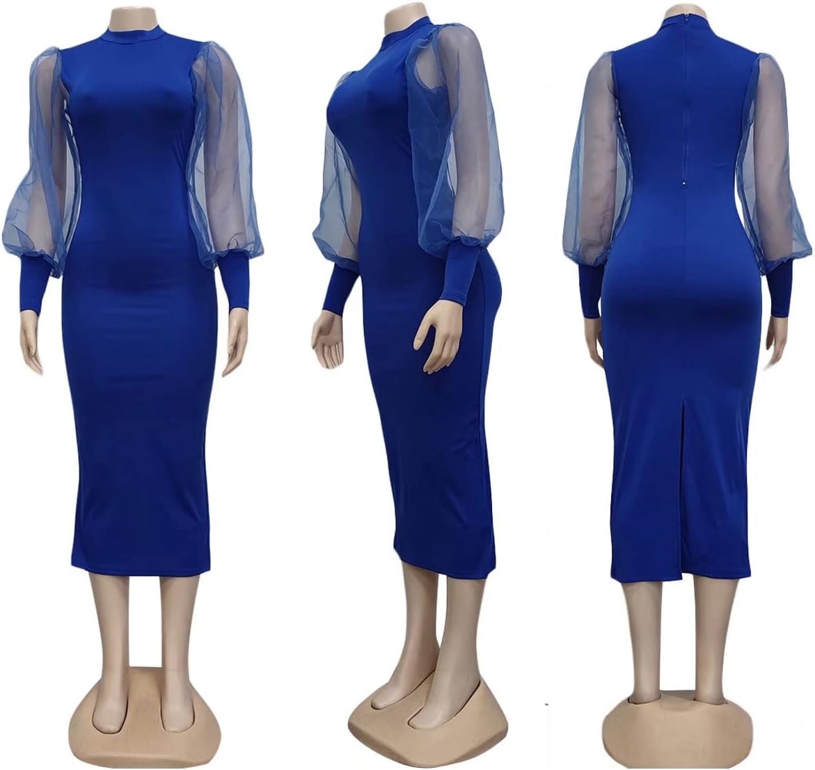 Ekaliy Women's See Through Bodycon Dress Sheer Mesh Long Puff Lantern Sleeve Dress Sexy Club Party Midi Dress Clubwear