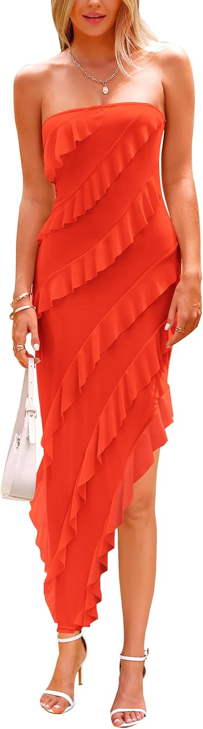 PRETTYGARDEN Womens Summer Maxi Dresses 2025 Strapless Tube Ruffle Asymmetrical Bodycon Party Cocktail Formal Long Dress