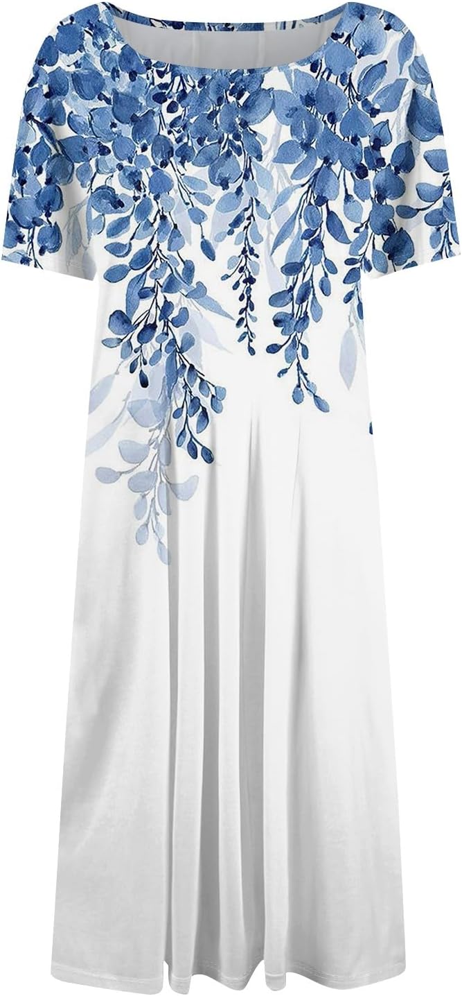 Summer Dresses for Women 2025 Crew Neck Short Sleeve Boho Beach Vacation Floral/Solid Midi Sundresses with Pockets