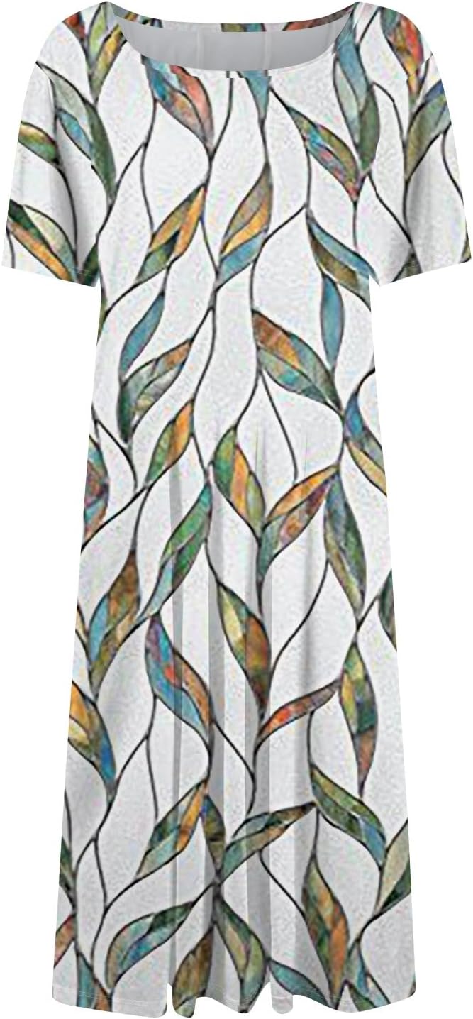 Summer Dresses for Women 2025 Crew Neck Short Sleeve Boho Beach Vacation Floral/Solid Midi Sundresses with Pockets