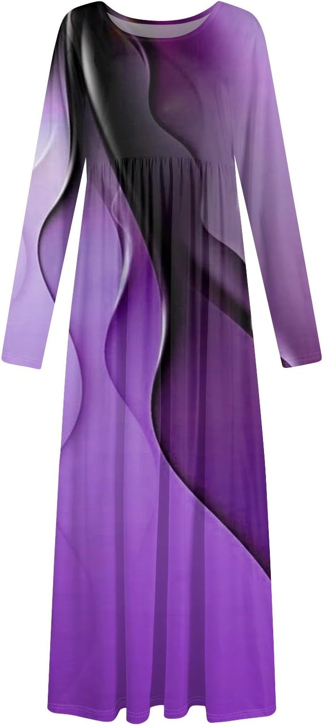 Long Sleeve Maxi Dress for Women Elegant Crew Neck Flowy Swing Dresses Solid Color Wedding Guest Dresses