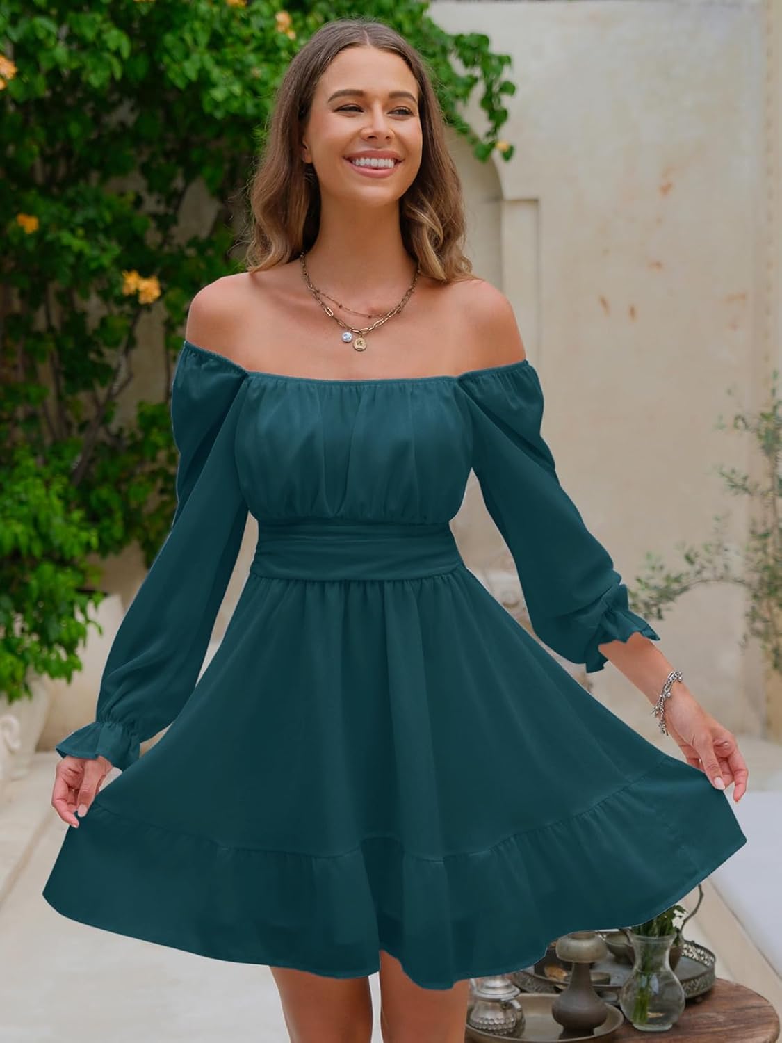 EXLURA Women's 2025 Casual Long Lantern Sleeve Dresses Square Neck Ruffle Tie Back Elastic Waist Aline Short Mini Dress