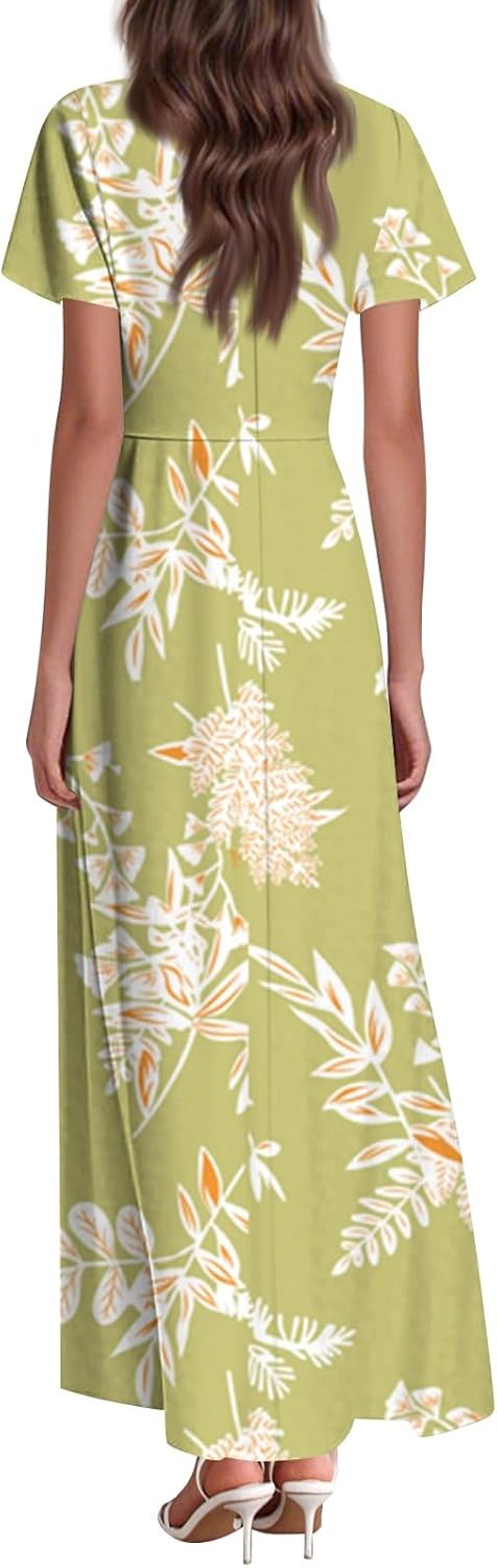 Womens Fashion V Neck Ruffle Short Sleeve Maxi Dress 2025 Summer Elegant Solid Color Flowy A Line Dresses