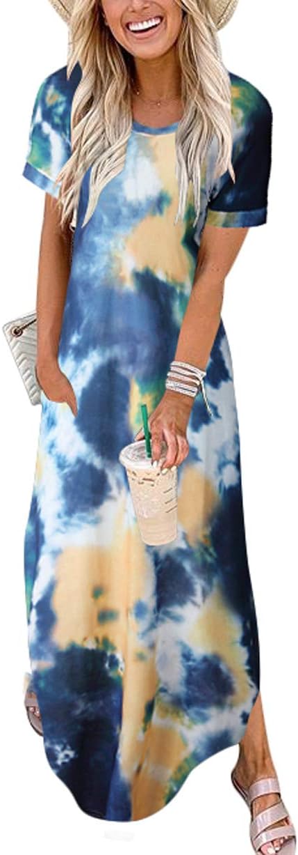 ANRABESS Women's Summer Casual Loose Short Sleeve Long T Shirt Dress Split Maxi Beach Sundress Travel Vacation Outfits