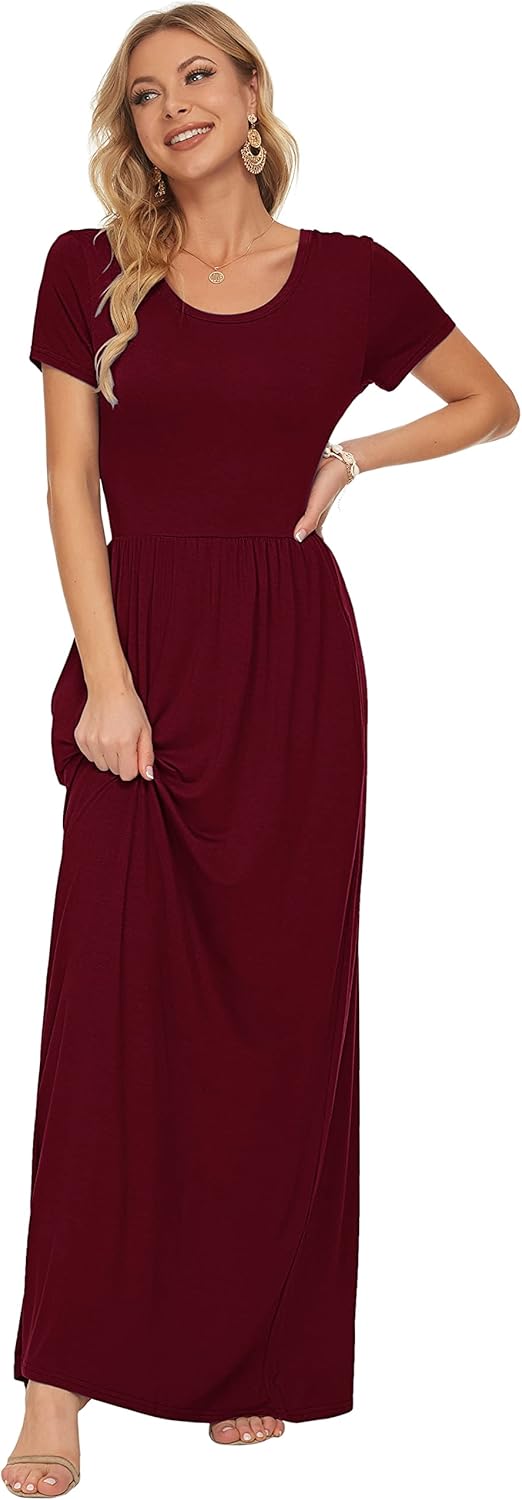 AUSELILY Women's Short Sleeve Loose Plain Casual Long Maxi Dresses for Women 2025