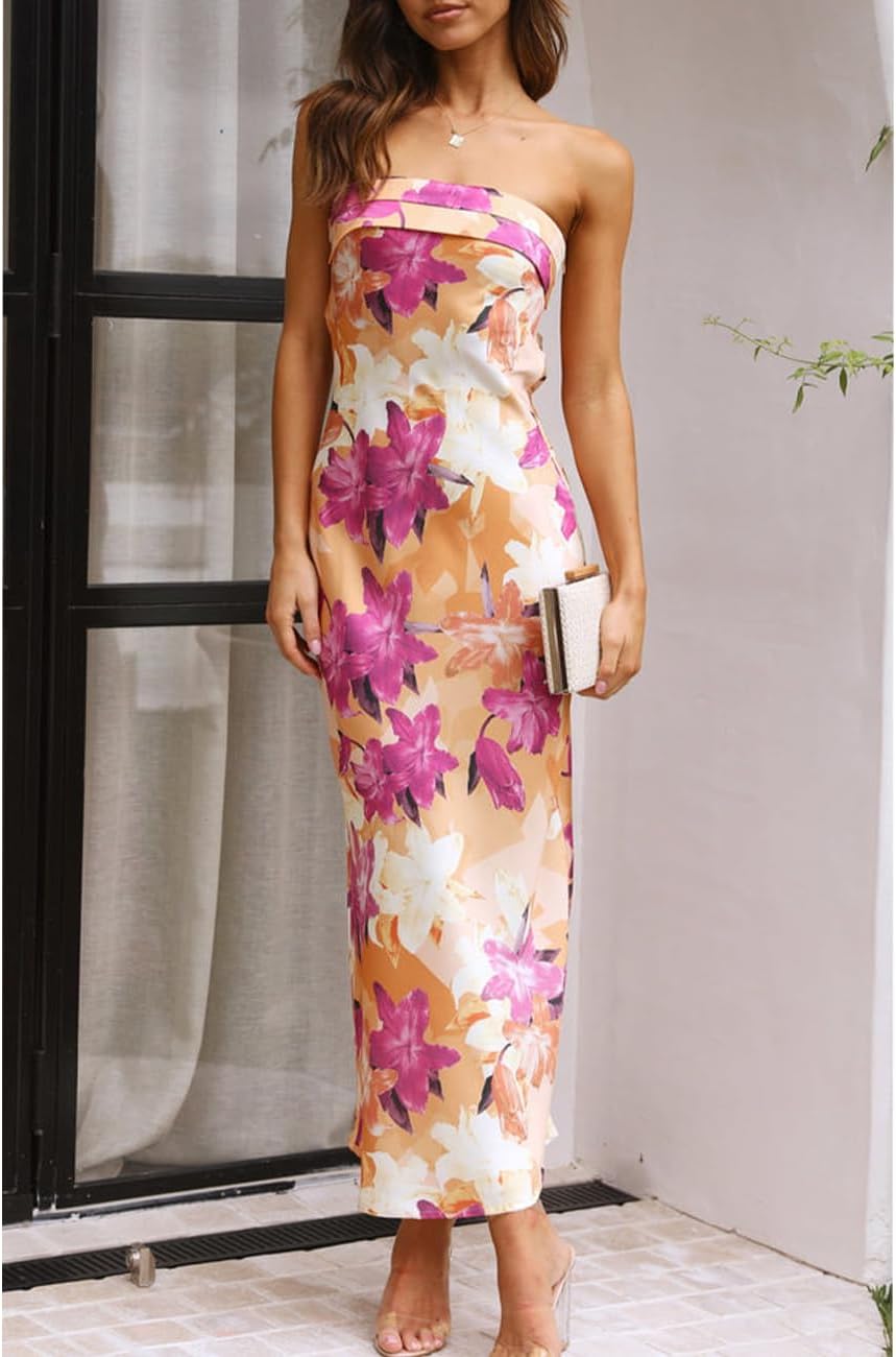 Realtix Satin Silk Backless Tube Tops Maxi Dress for Women Low Back Hollow Out Elegant Strapless Long Dresses Wedding Guest