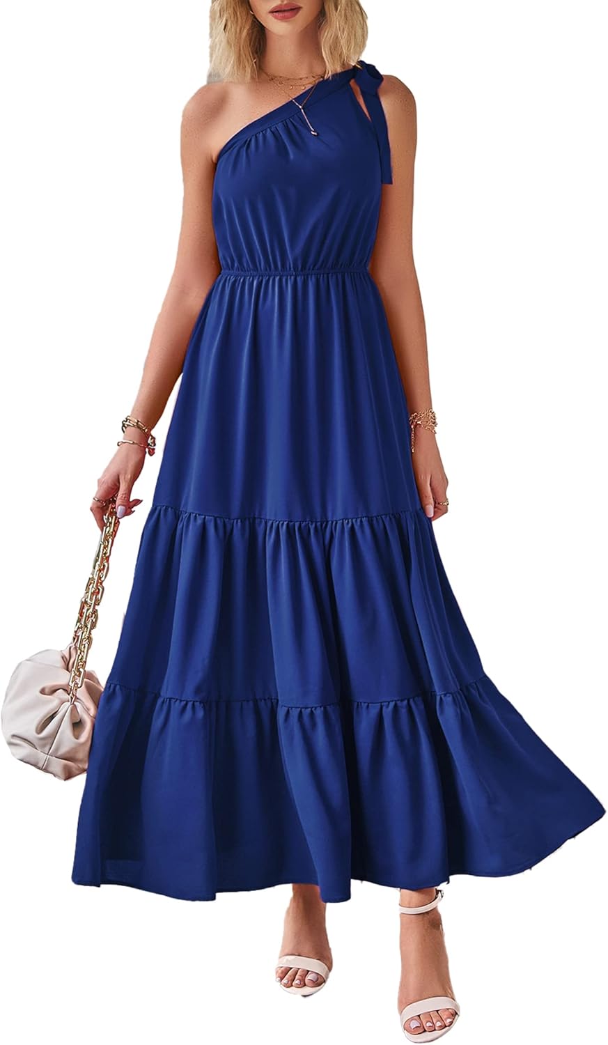 PRETTYGARDEN Women's Summer Floral Maxi Dress Knot One Shoulder Sleeveless Ruffle Flowy Boho Beach Wedding Guest Dresses