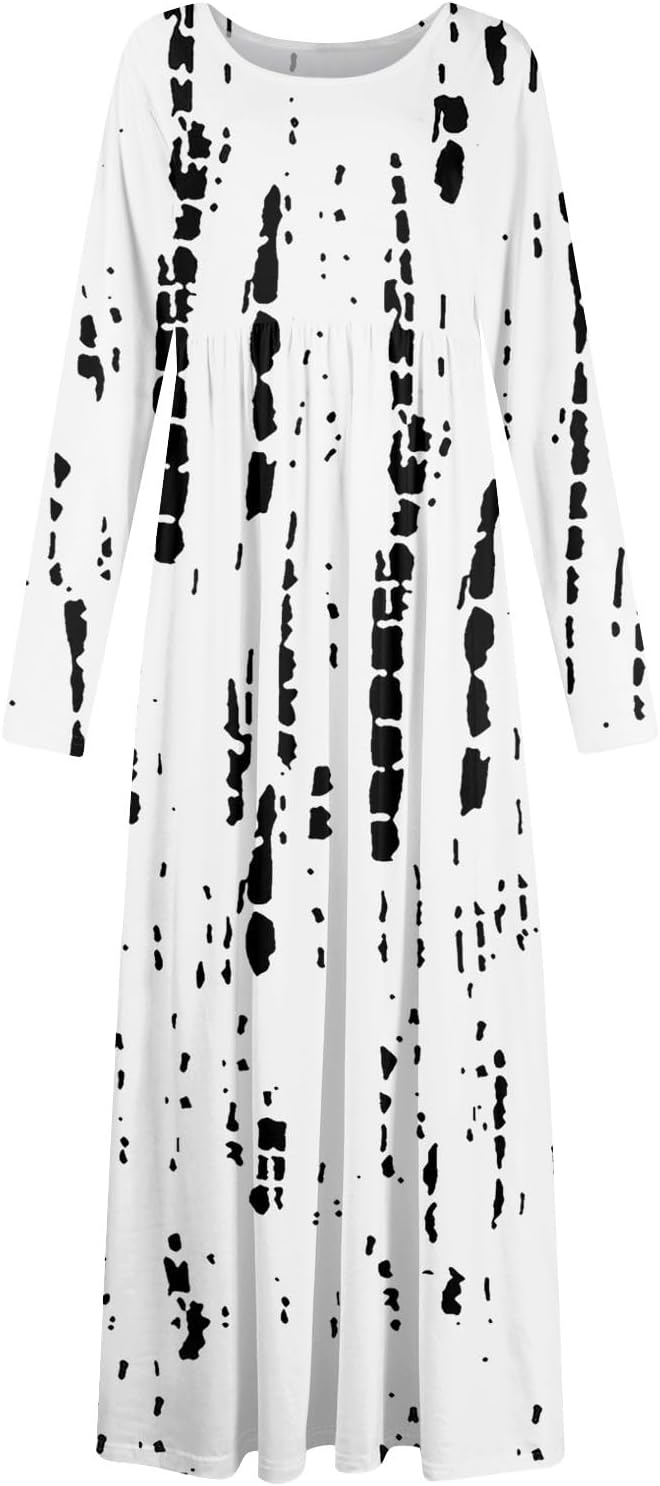 Long Sleeve Maxi Dress for Women Elegant Crew Neck Flowy Swing Dresses Solid Color Wedding Guest Dresses