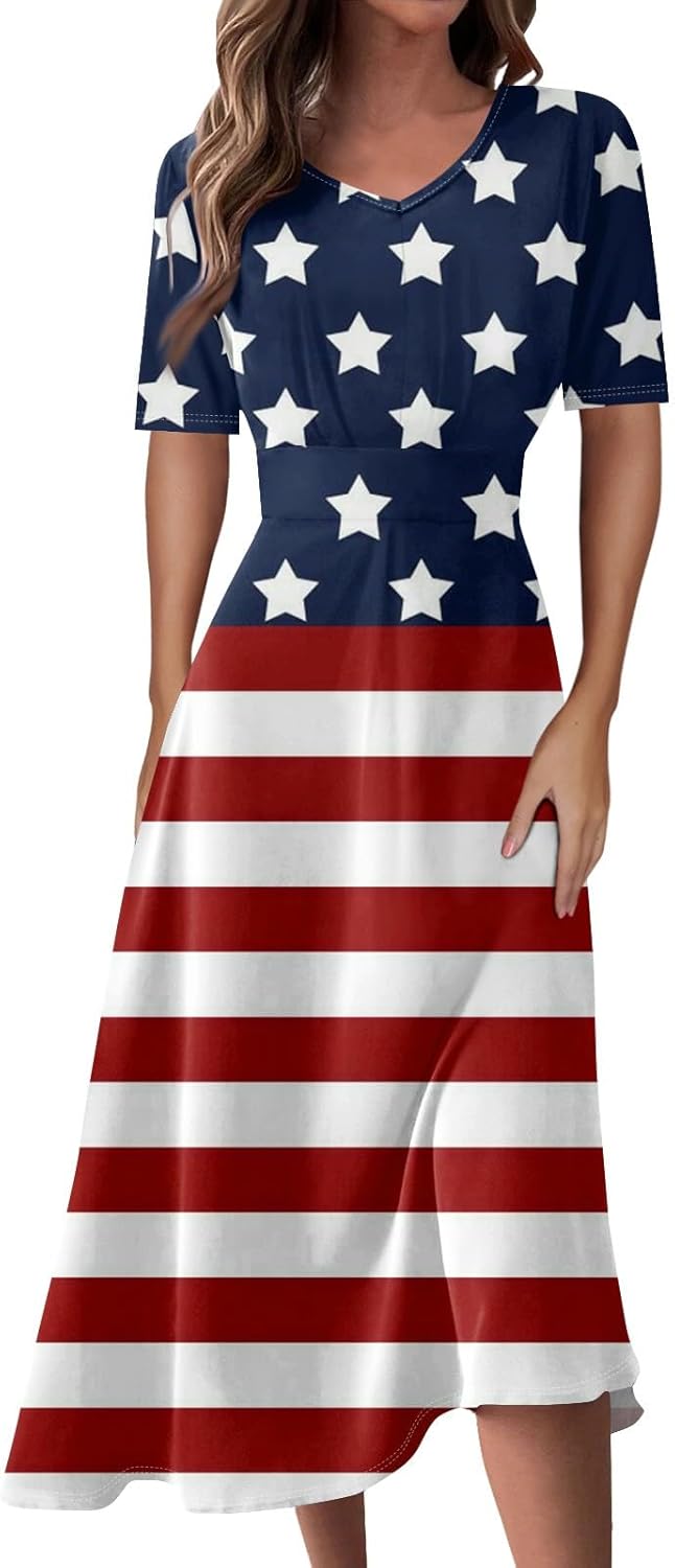 Women's Patriotic Star Print Midi Short Sleeve V-Neck Casual A-Line Dress for Summer Parties & Events
