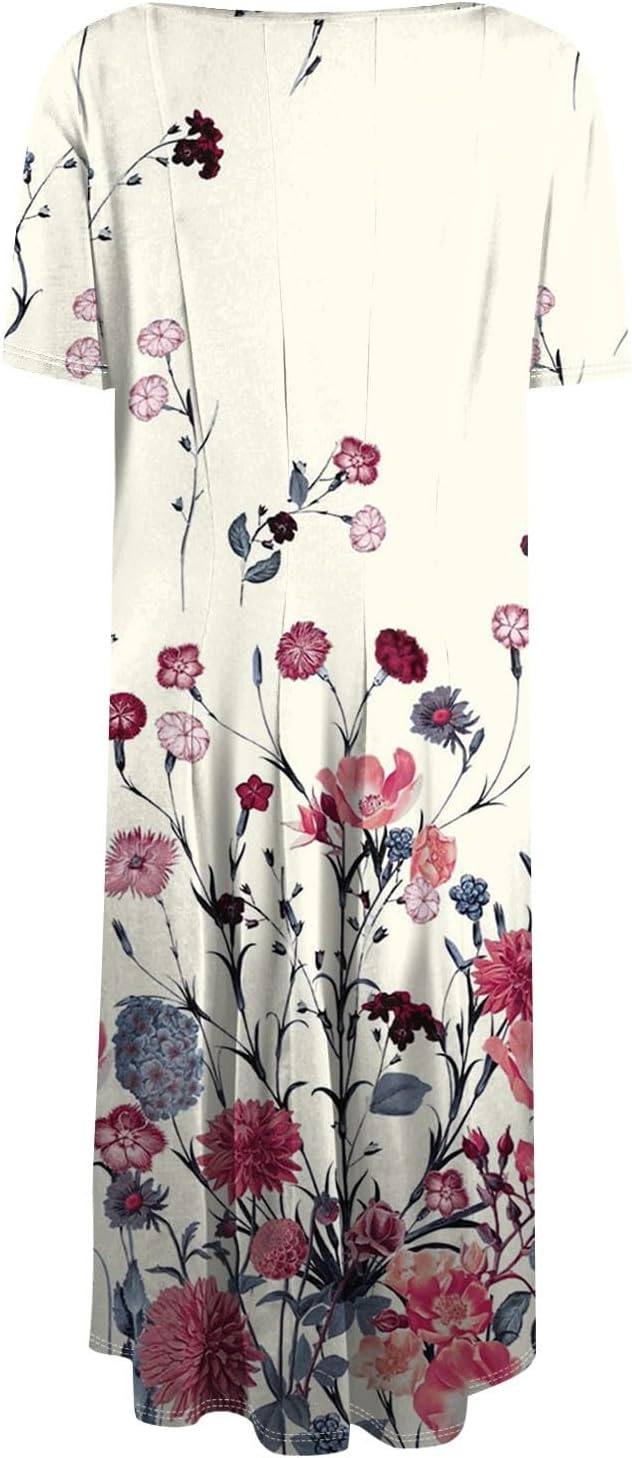 Summer Dresses for Women 2025 Crew Neck Short Sleeve Boho Beach Vacation Floral/Solid Midi Sundresses with Pockets