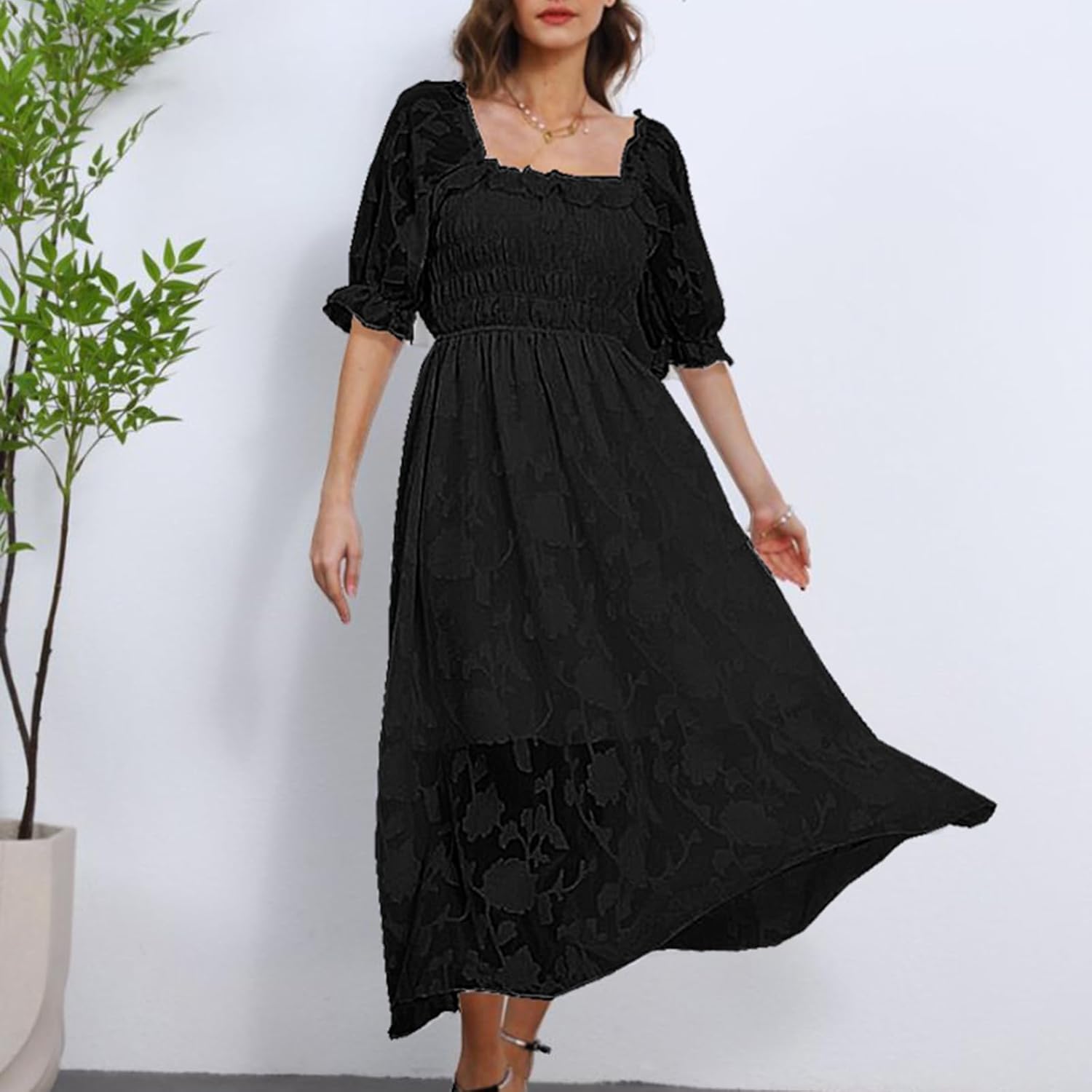 Women Floral Easter Spring Summer Dress Square Neck Chiffon Boho 2025 Maxi Long Wedding Guest Bridal Shower Dresses