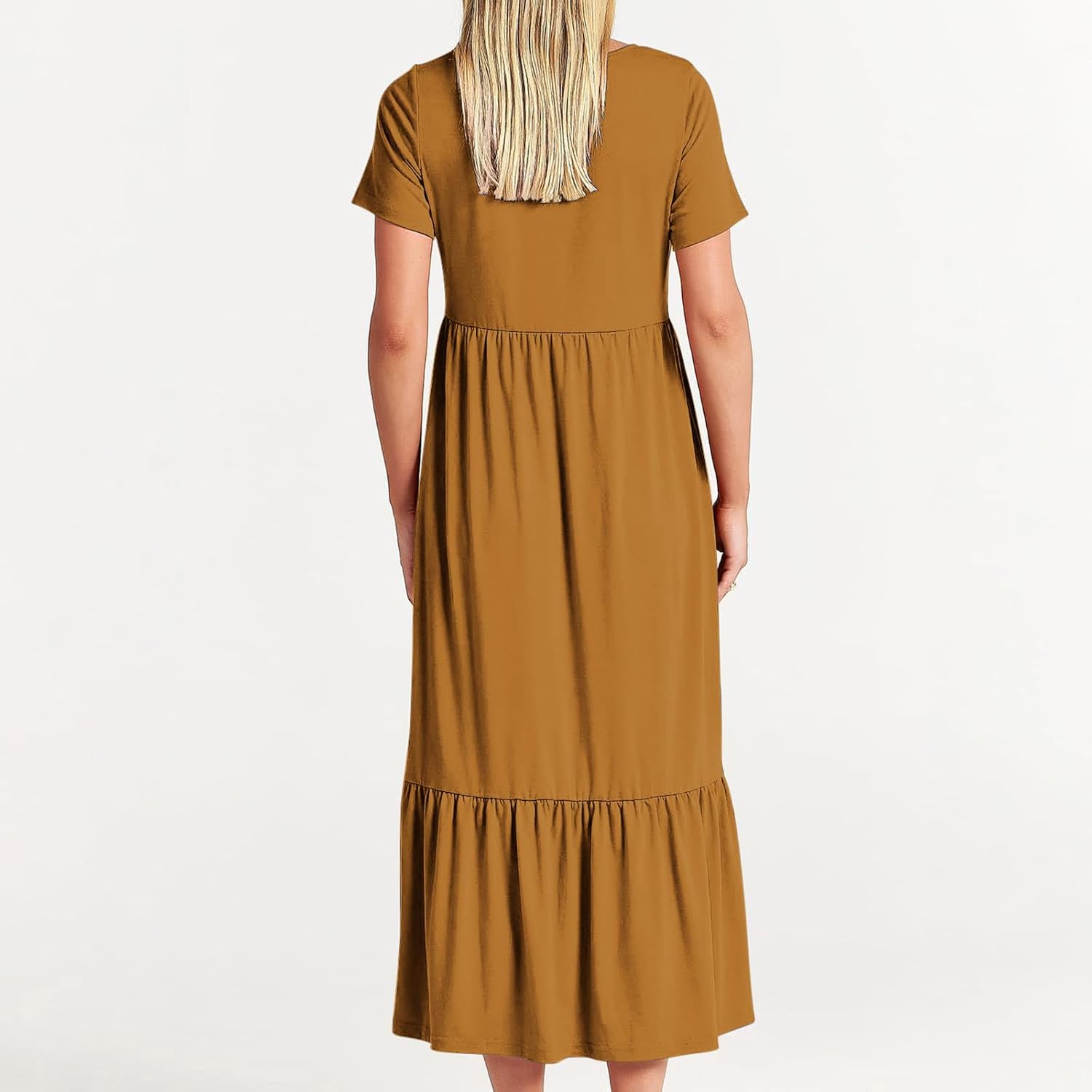 XUNRYAN Summer Dresses for Women 2024 Casual Calf Length Maxi Dress Pleated Flowy Tiered Swing Beach Sundress with Pockets
