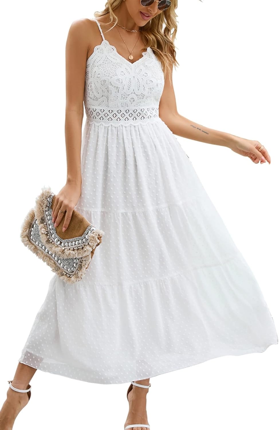 Dokuritu Women's Beach Crochet Lace Maxi Dress Solid Color Summer Vacation Spaghetti Strap Long Dress 2024
