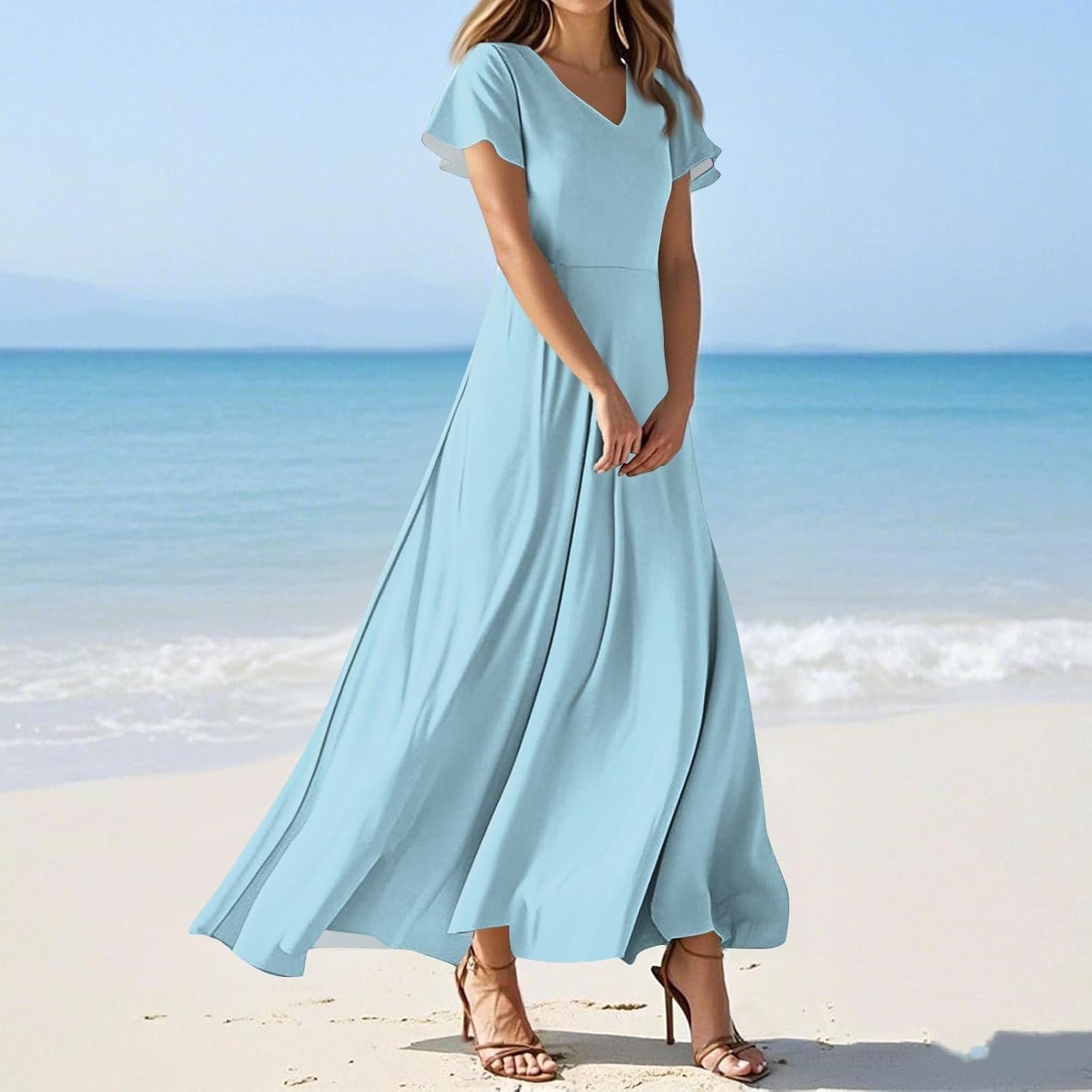 Womens Fashion V Neck Ruffle Short Sleeve Maxi Dress 2025 Summer Elegant Solid Color Flowy A Line Dresses