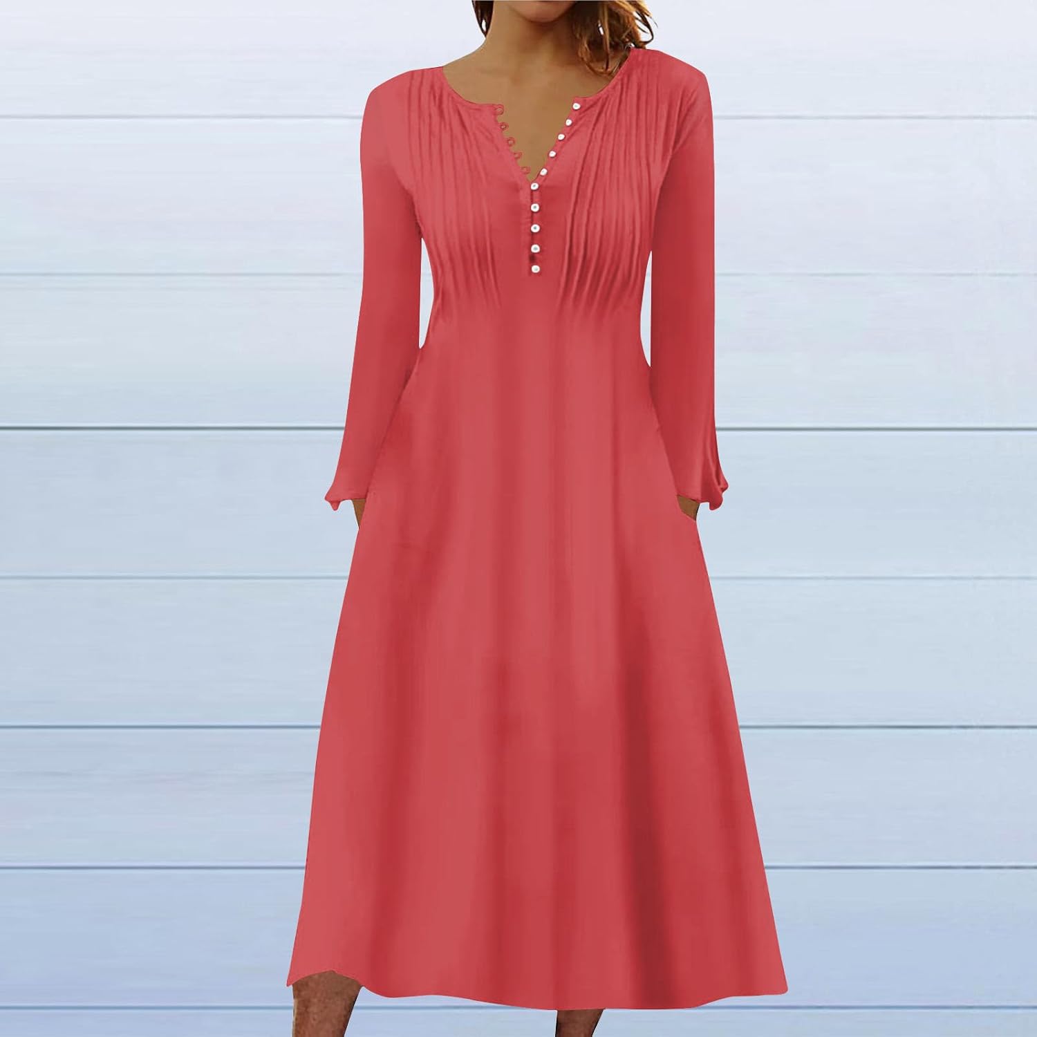 DOPOCQ Fall Women Dresses 2023 Long Sleeve V Neck Plus Size Maxi Dress Boho Dress High Waisted A-Line Dress with Pocket
