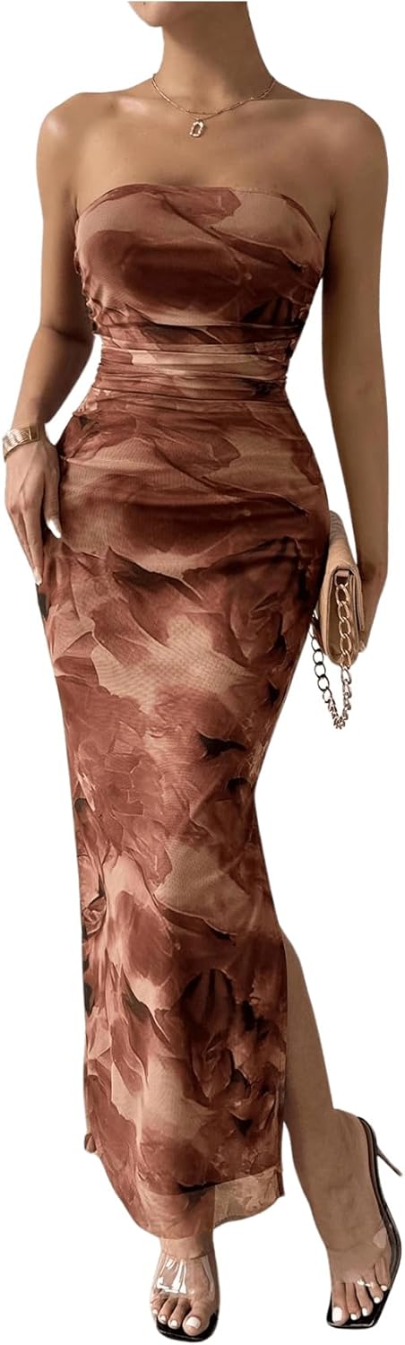 Milumia Women's Printed Strapless Tube Top Long Dress Slit Hem Sleeveless Bodycon Maxi Dresses