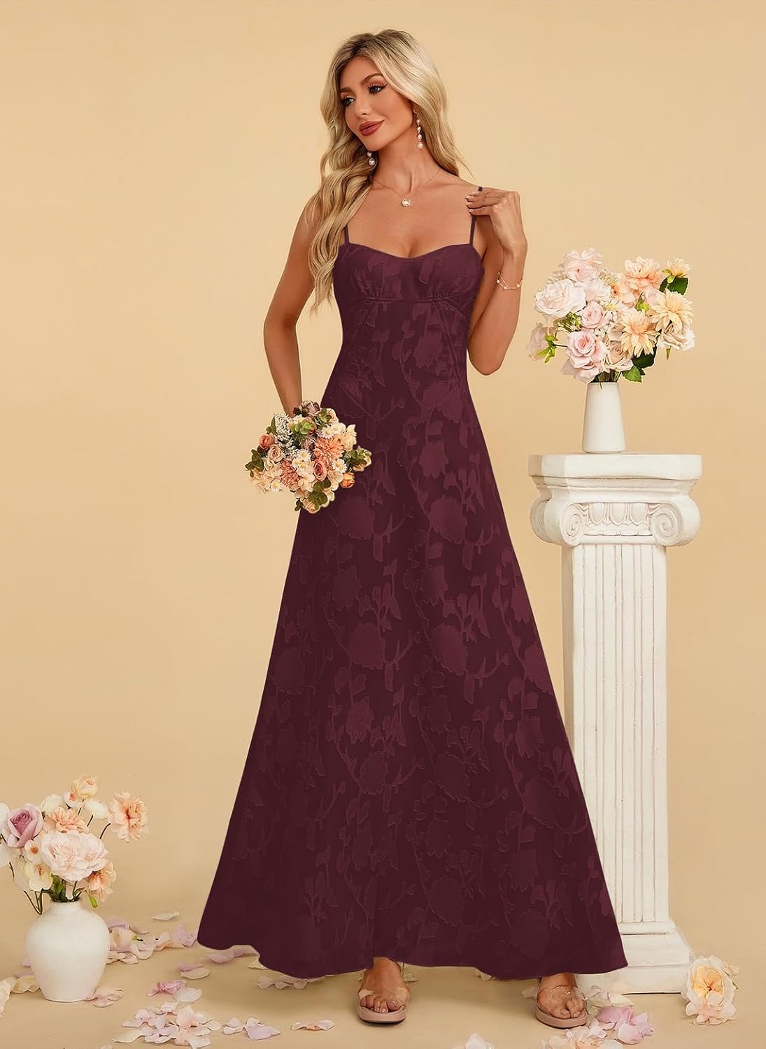 Women's Elegant Wedding Guest Dress Spaghetti Straps Floral Sleeveless Formal Dress Maxi Gown