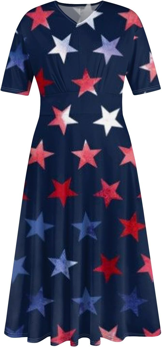 Women's Patriotic Star Print Midi Short Sleeve V-Neck Casual A-Line Dress for Summer Parties & Events