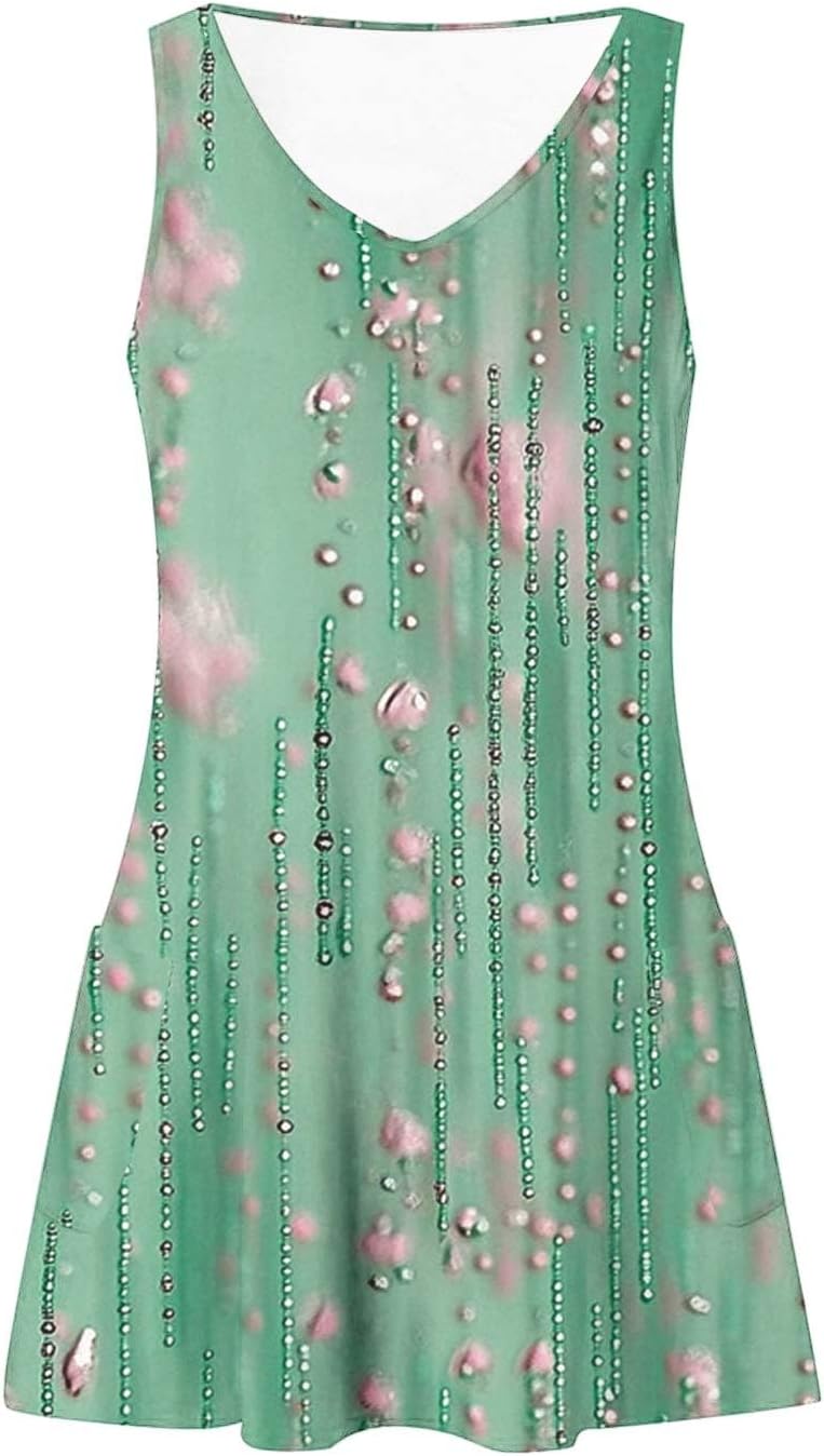 Womens 2025 Spring Summer Dresses Casual Floral Print V-Neck Tank Dress Curve Hem Pleated A-Line Sundresses