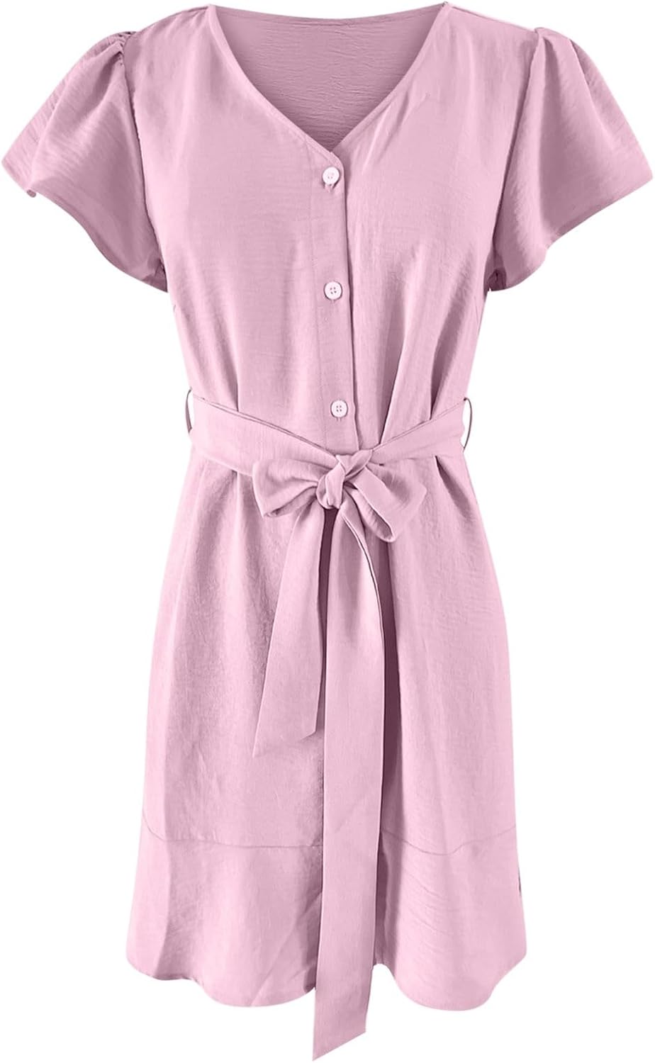 Flowy Dresses for Women,V Neck Button Down Dress Short Sleeve Mini Sundresses Loose Chiffon Shirt Dresses with Belt