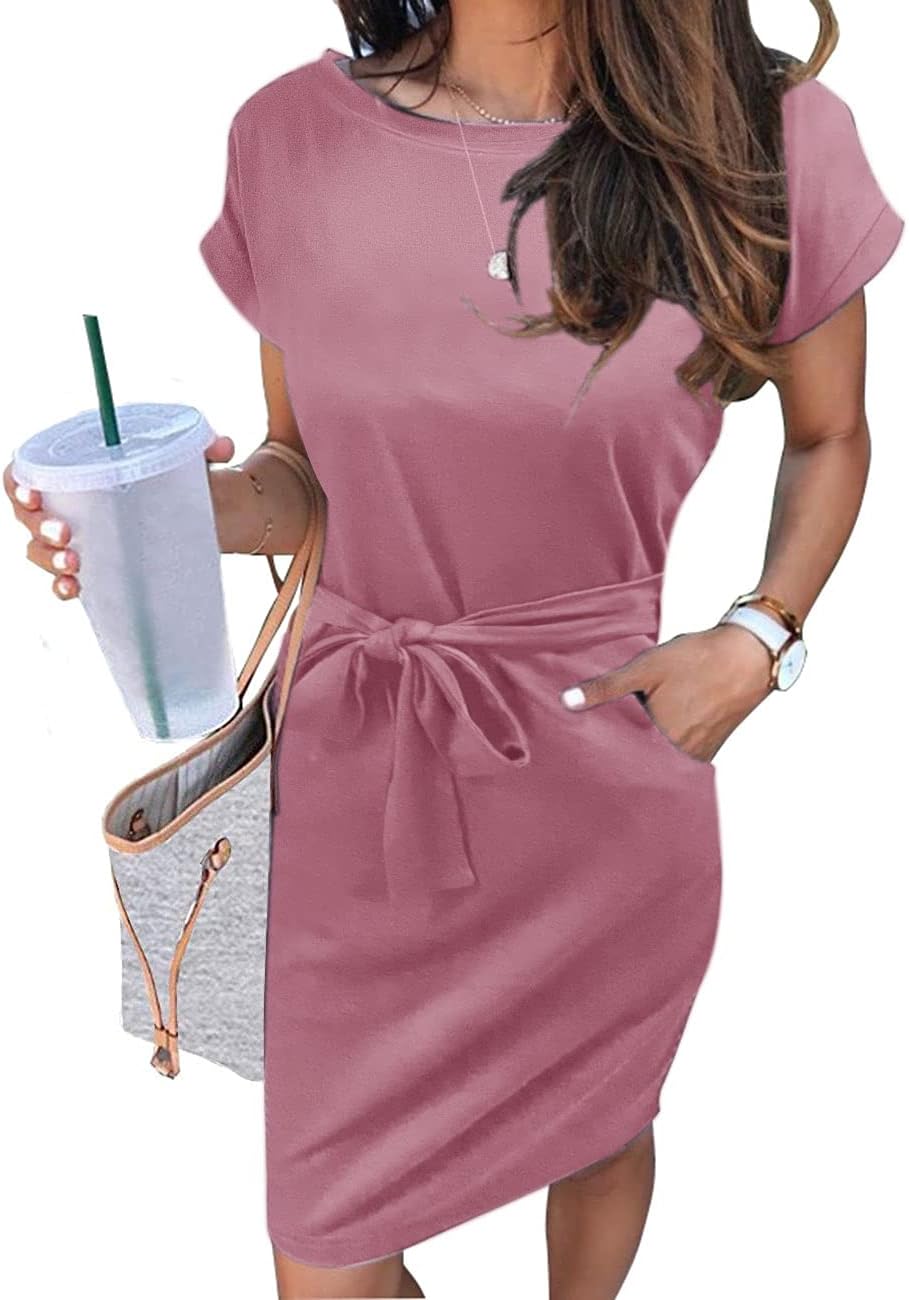 MEROKEETY Women's Summer Striped Short Sleeve T Shirt Dress Casual Tie Waist with Pockets