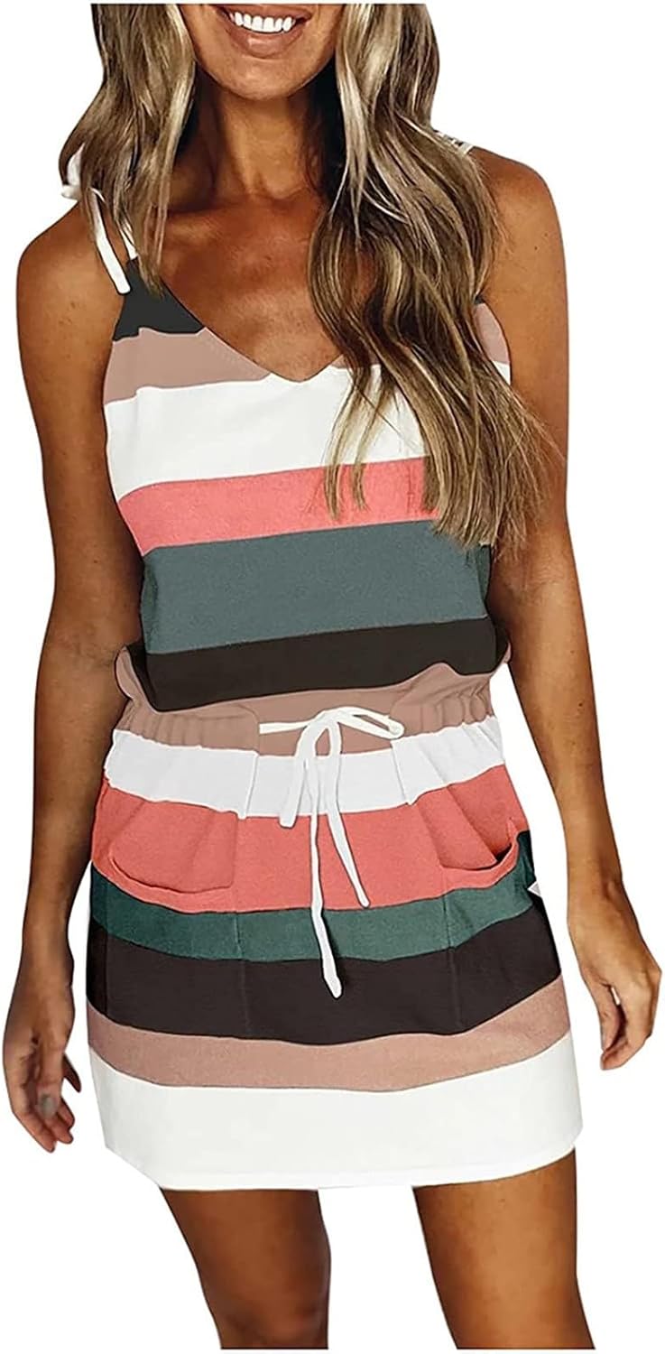 Women Summer Casual Striped Dress Drawstring Waist Tie Knot Mini Dresses Short Sleeve V Neck Tank Dress with Pocket