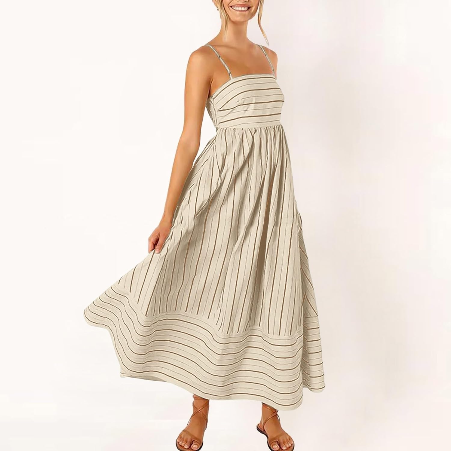 Beach Dresses for Women Summer Striped Back Smocked Maxi Dress Spaghetti Strap Cut Out Flowy A Line Long Sundresses