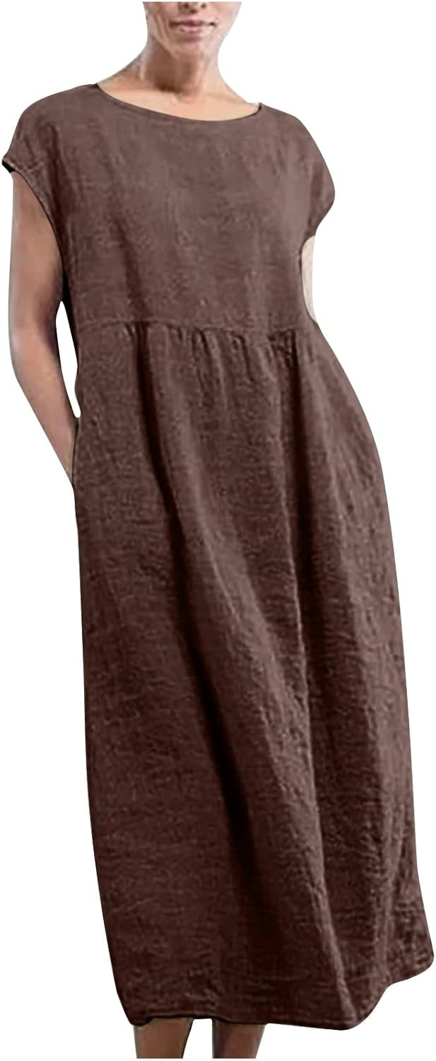 Linen Dresses for Women 2025 Summer Fashion Solid Color Sleeveless Dresses Beach Flowy Maxi Dresses Casual Sundress