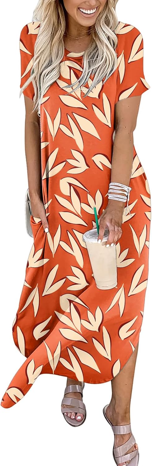 ANRABESS Women's Summer Casual Loose Short Sleeve Long T Shirt Dress Split Maxi Beach Sundress Travel Vacation Outfits