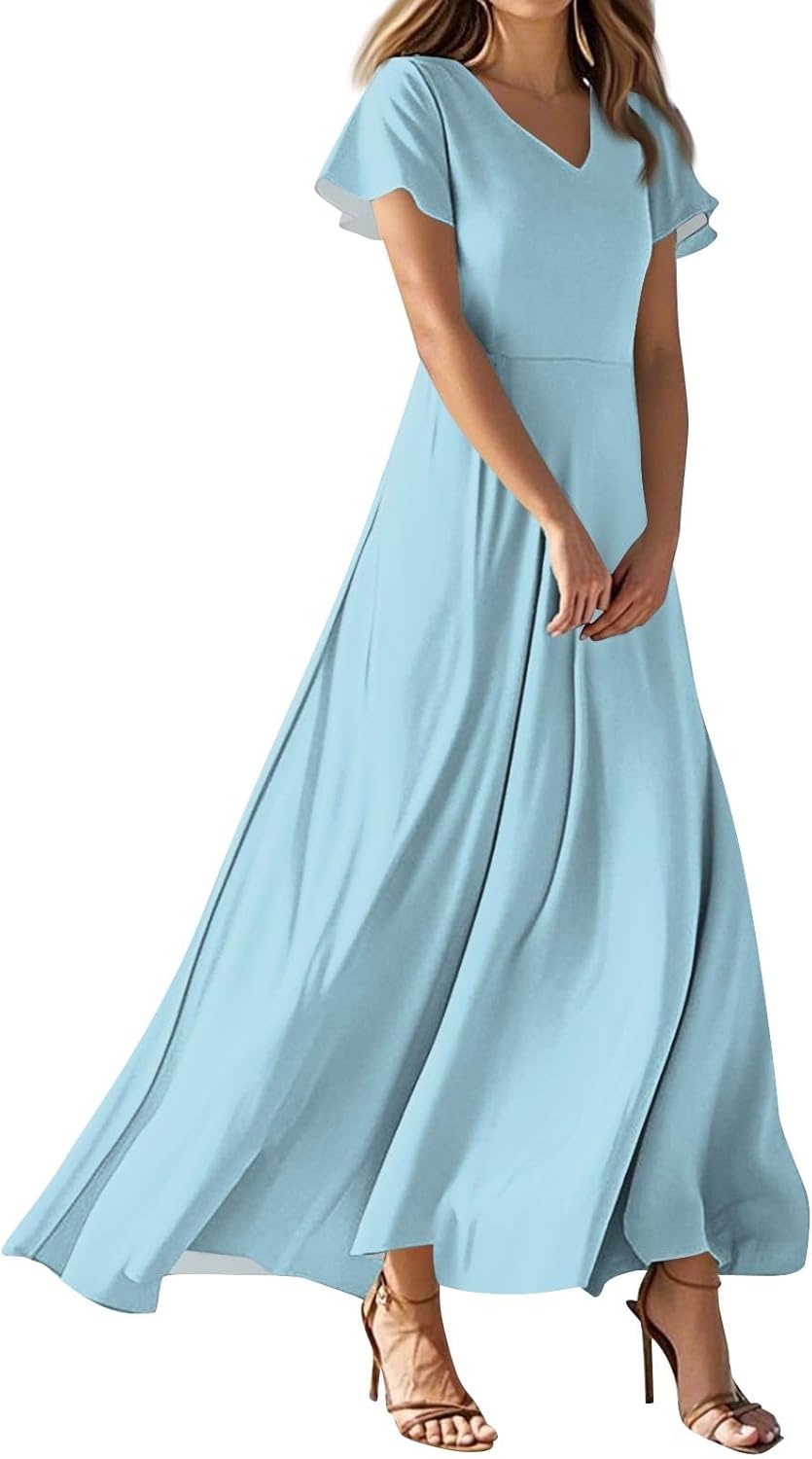 Womens Fashion V Neck Ruffle Short Sleeve Maxi Dress 2025 Summer Elegant Solid Color Flowy A Line Dresses