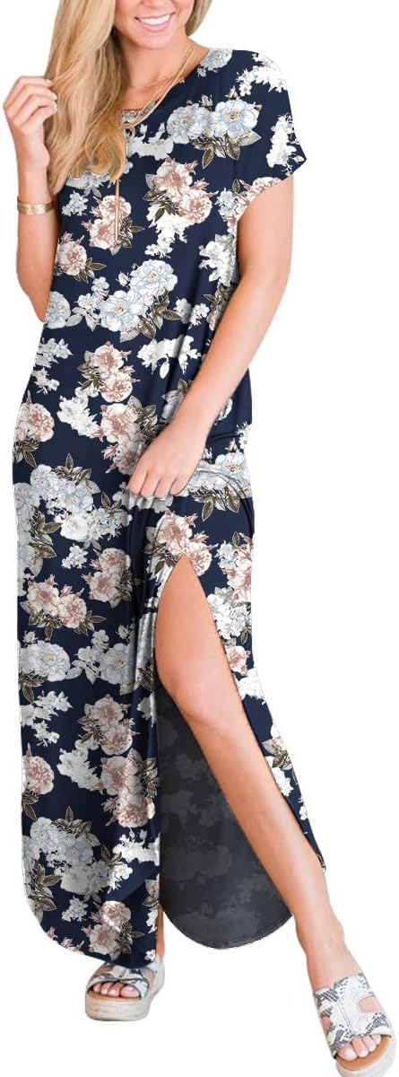 ANRABESS Women's Summer Casual Loose Short Sleeve Long T Shirt Dress Split Maxi Beach Sundress Travel Vacation Outfits