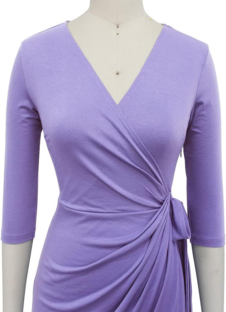 Berydress Women's Classic 3/4 Sleeve V Neck Sheath Casual Party Work Faux Black Wrap Dress