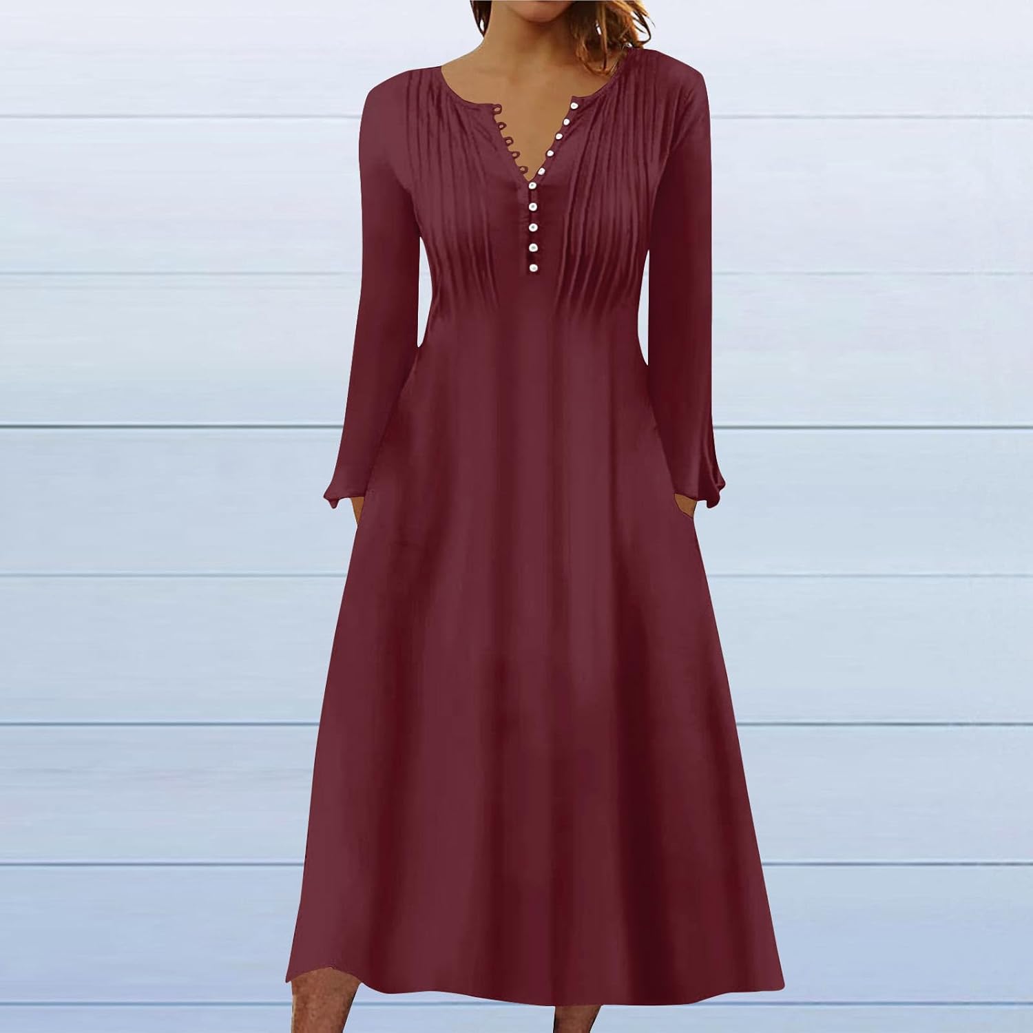 DOPOCQ Fall Women Dresses 2023 Long Sleeve V Neck Plus Size Maxi Dress Boho Dress High Waisted A-Line Dress with Pocket