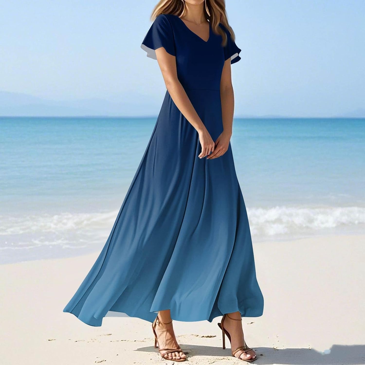 Womens Fashion V Neck Ruffle Short Sleeve Maxi Dress 2025 Summer Elegant Solid Color Flowy A Line Dresses