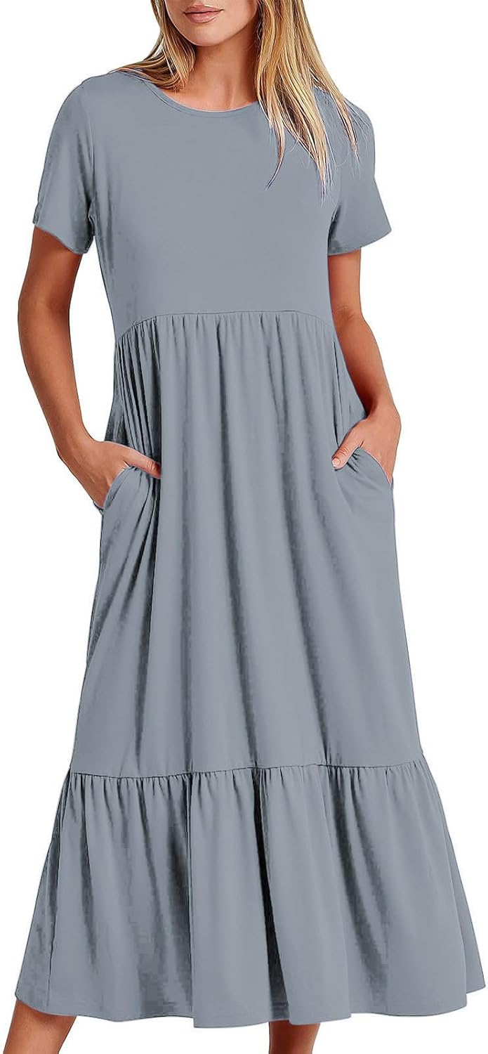 XUNRYAN Summer Dresses for Women 2024 Casual Calf Length Maxi Dress Pleated Flowy Tiered Swing Beach Sundress with Pockets