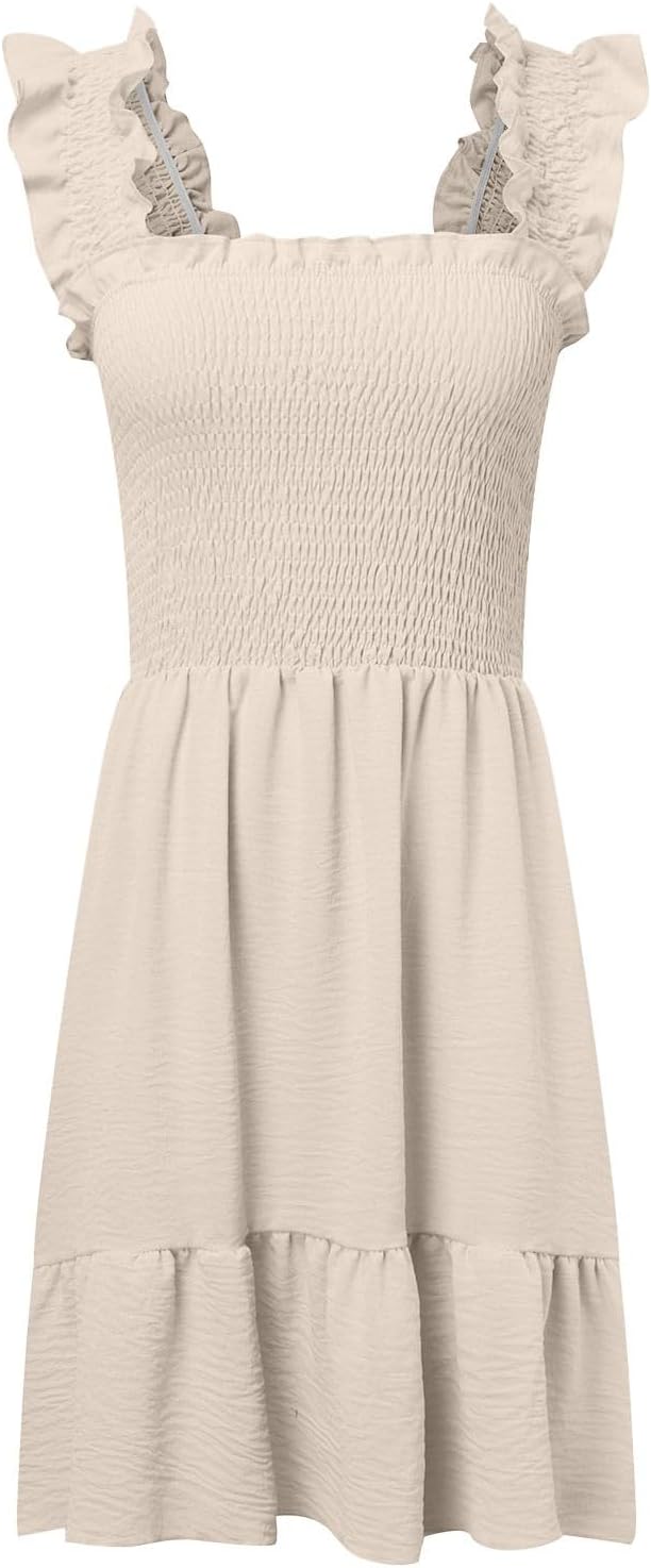 Women Summer Casual Sleeveless Square Neck Smocked Ruffle Backless Boho Mini Dress Flowy Beach Cute Swing Dress