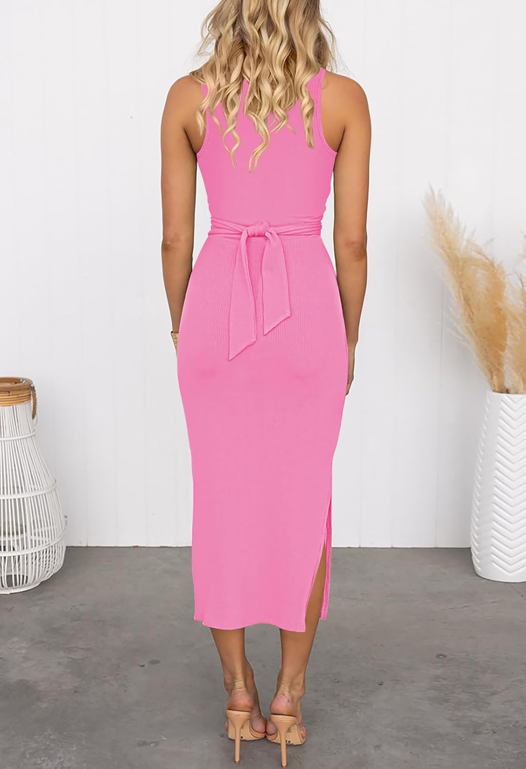 HUUSA Women's Sexy Sleeveless Cut Out Slim Bodycon Dress Crewneck Crisscross Twist Ruched Slit Ribbed Knit Tank Midi Dress