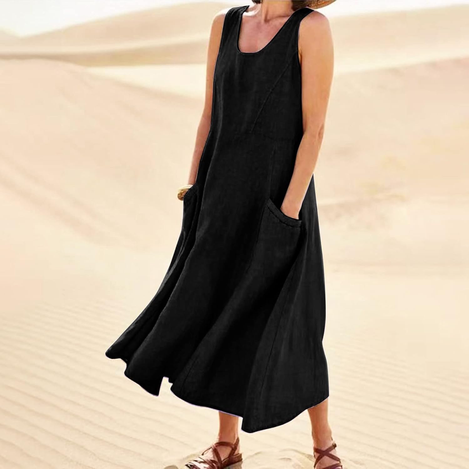 Women's Casual Sleeveless Dresses, Cotton Linen Pocket Dresses Summer Dresses for Women 2024 Sundresses Beach Dress