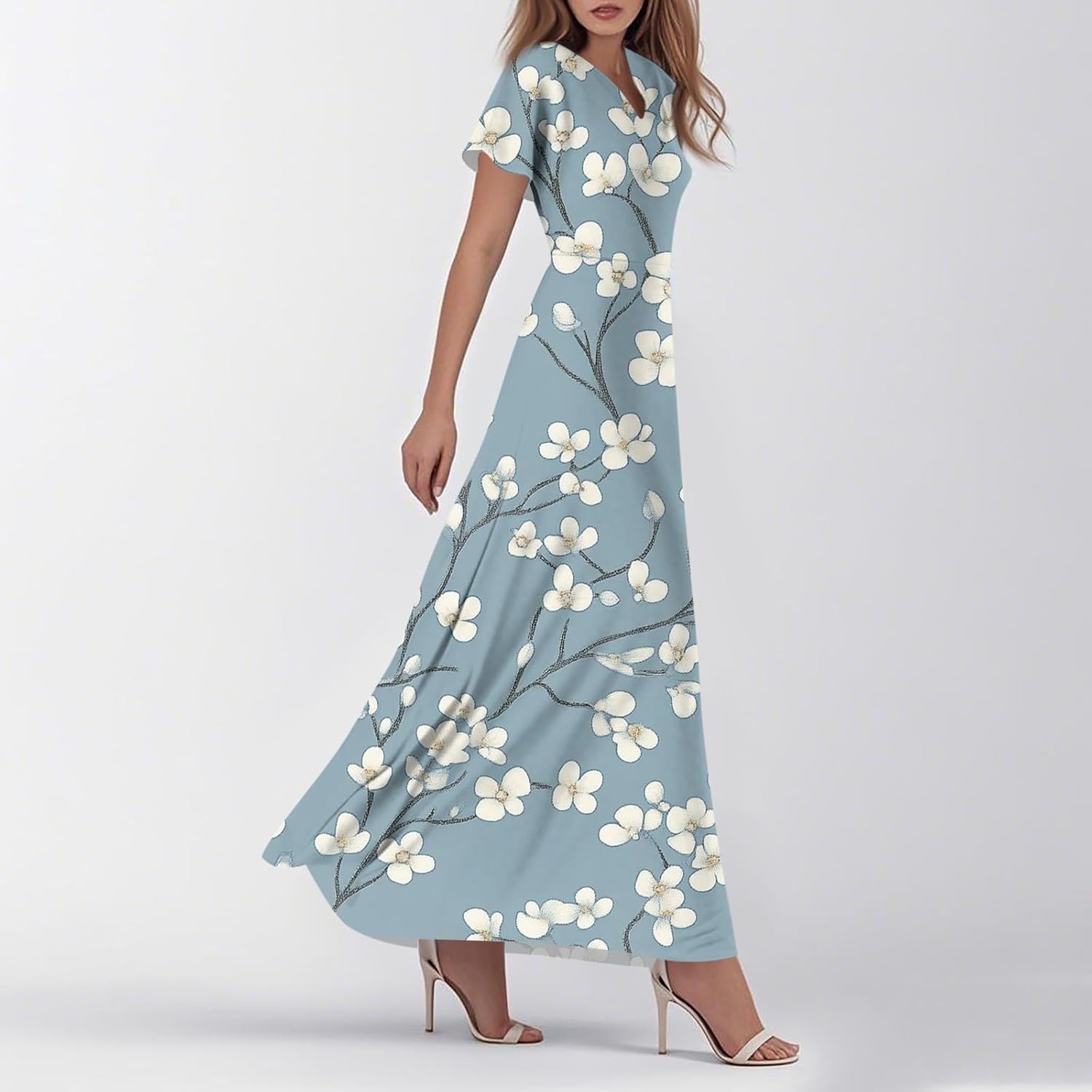 Womens Fashion V Neck Ruffle Short Sleeve Maxi Dress 2025 Summer Elegant Solid Color Flowy A Line Dresses
